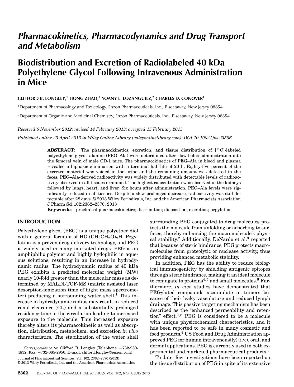 Biodistribution and excretion of radiolabeled 40 kDa polyethylene glycol following intravenous administration in mice by Unknown