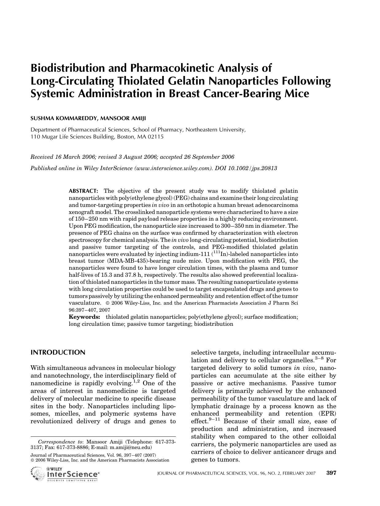 Biodistribution and pharmacokinetic analysis of long-circulating thiolated gelatin nanoparticles following systemic administration in breast cancer-bearing mice by Unknown