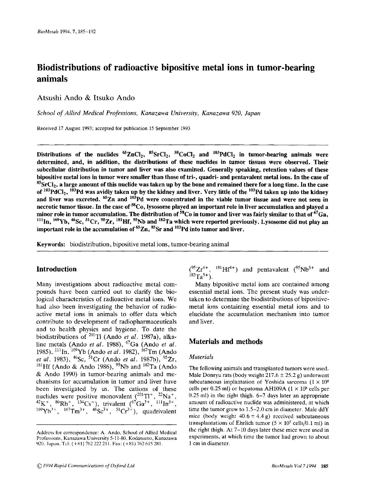 Biodistributions of radioactive bipositive metal ions in tumor-bearing animals by Unknown