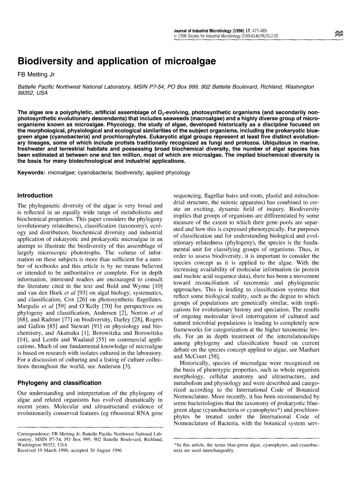 Biodiversity and application of microalgae by Unknown