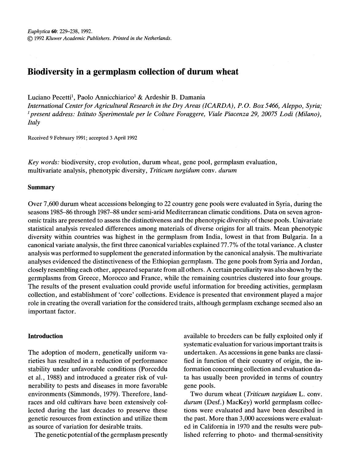 Biodiversity in a germplasm collection of durum wheat by Unknown
