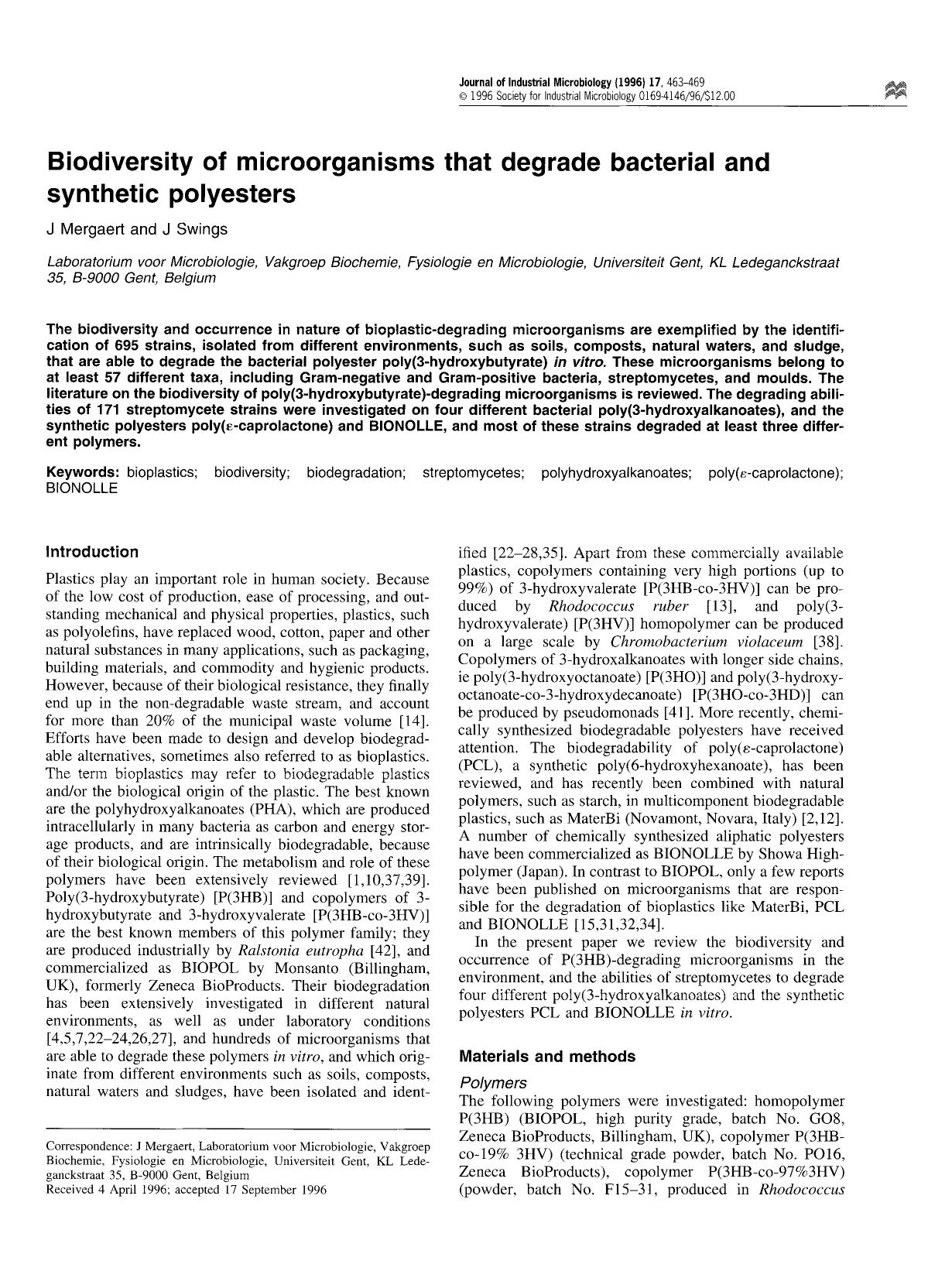 Biodiversity of microorganisms that degrade bacterial and synthetic polyesters by Unknown