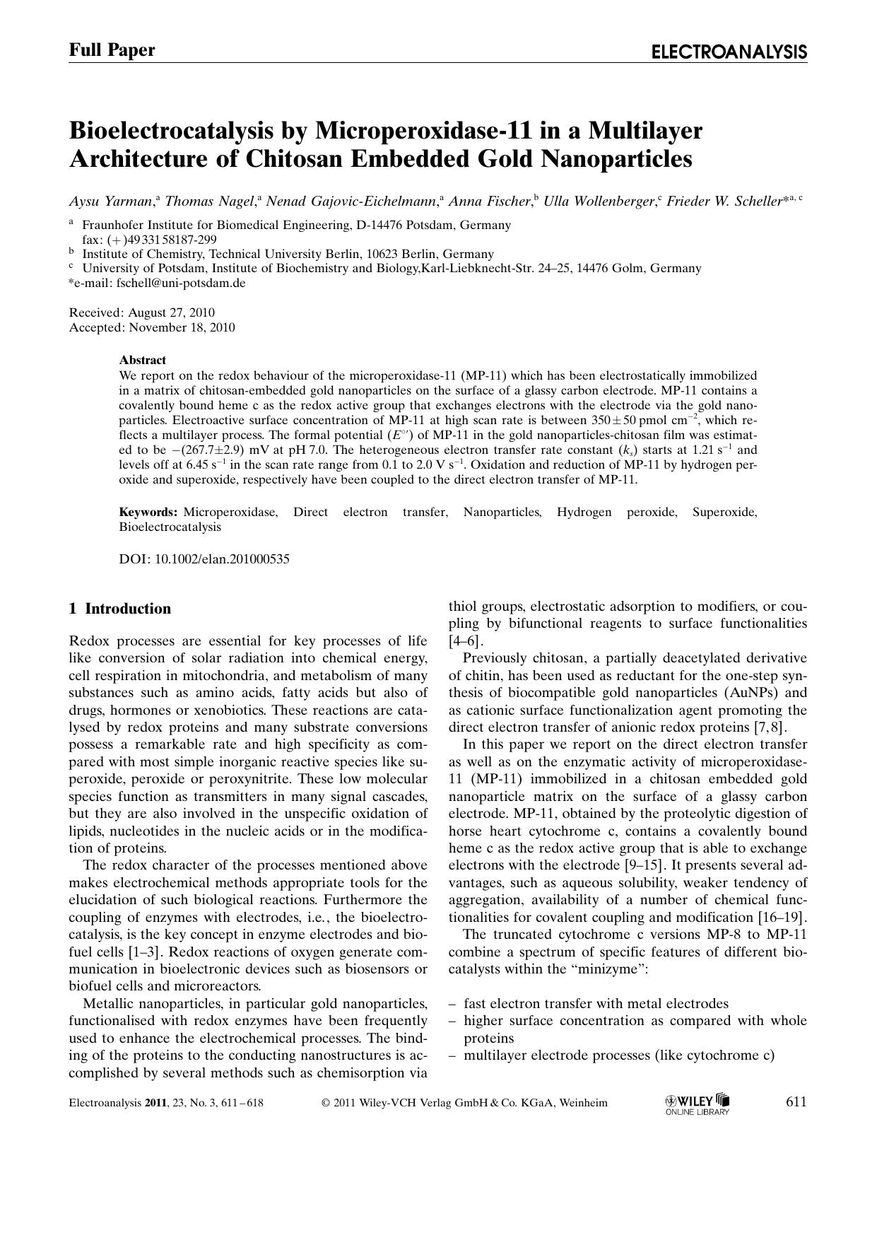 Bioelectrocatalysis by Microperoxidase11 in a Multilayer Architecture of Chitosan Embedded Gold Nanoparticles by Unknown