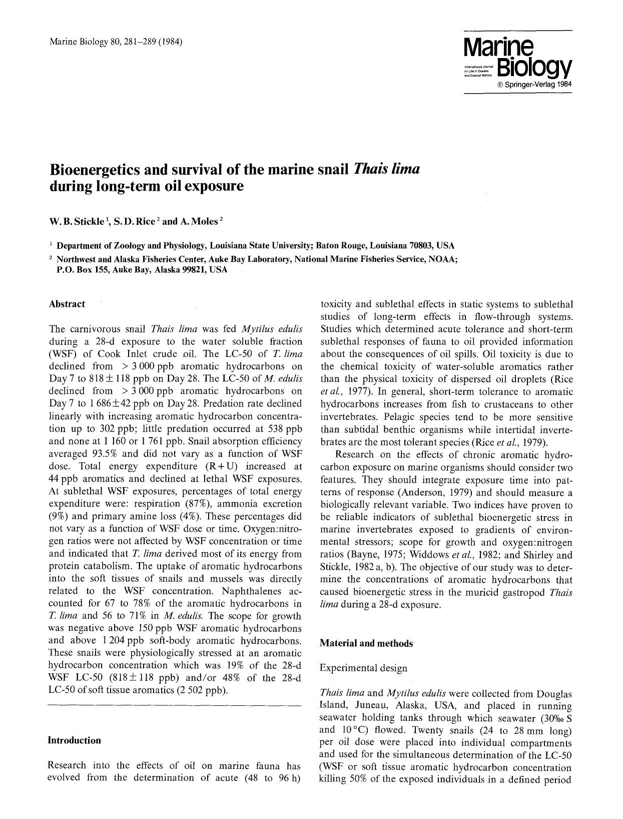 Bioenergetics and survival of the marine snail <Emphasis Type="Italic">Thais lima<Emphasis> during long-term oil exposure by Unknown