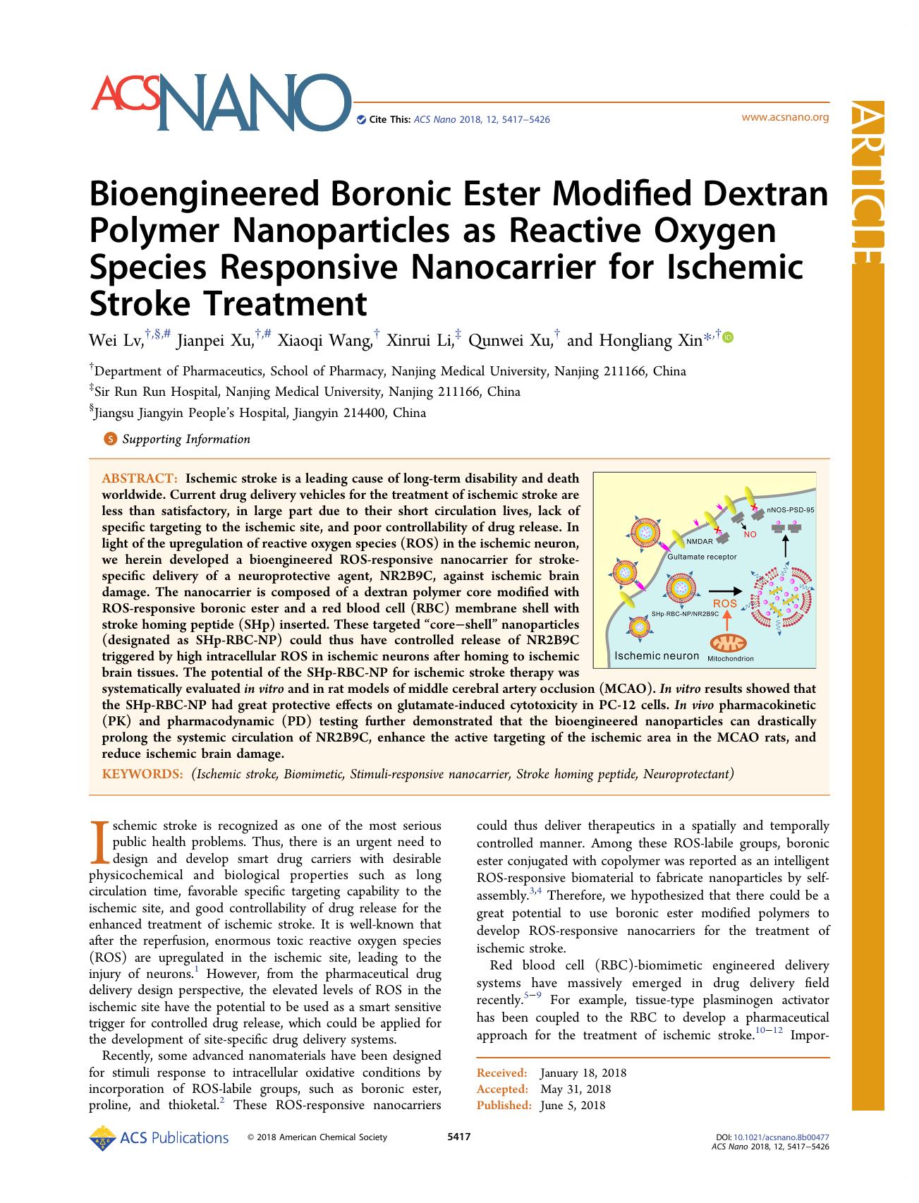 Bioengineered Boronic Ester Modified Dextran Polymer Nanoparticles as Reactive Oxygen Species Responsive Nanocarrier for Ischemic Stroke Treatment by Wei Lv Jianpei Xu Xiaoqi Wang Xinrui Li Qunwei Xu and Hongliang Xin