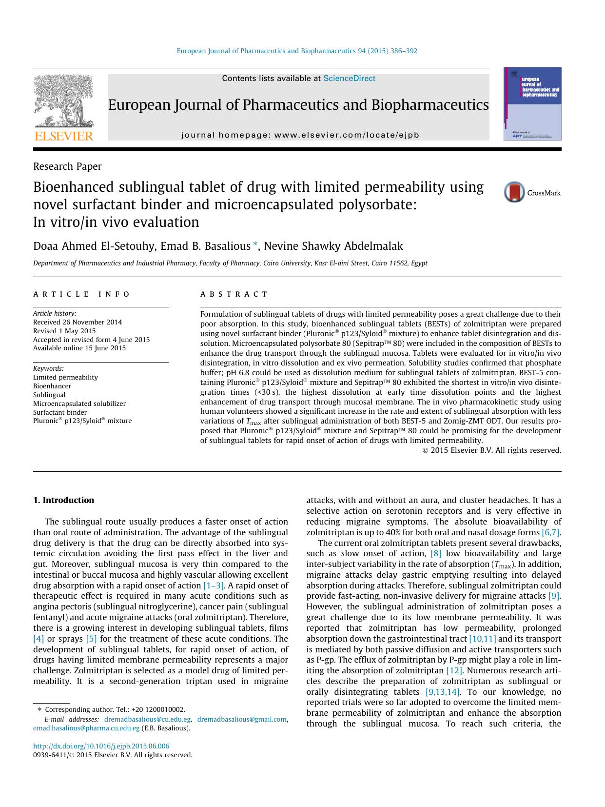 Bioenhanced sublingual tablet of drug with limited permeability using novel surfactant binder and microencapsulated polysorbate: In vitroin vivo evaluation by Doaa Ahmed El-Setouhy & Emad B. Basalious & Nevine Shawky Abdelmalak