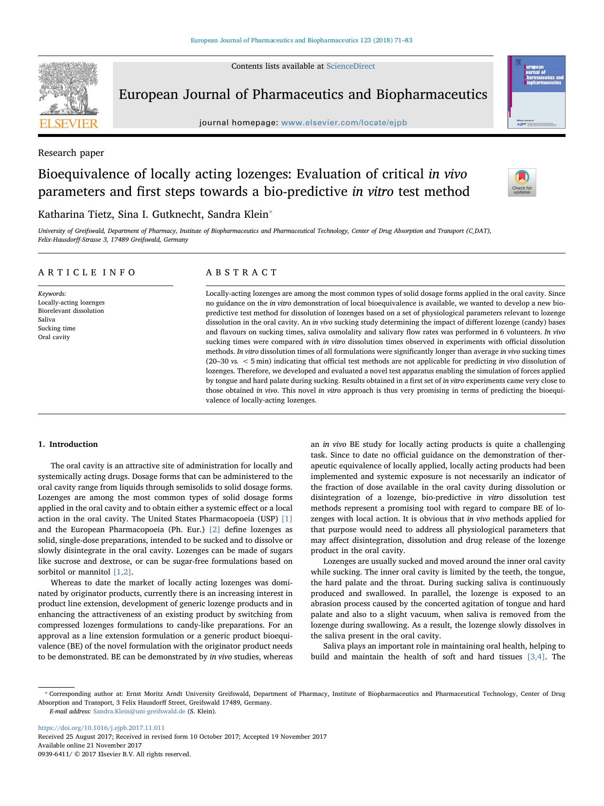 Bioequivalence of locally acting lozenges_ Evaluation of critical in vivo parameters and first steps towards a bio-predictive in vitro test method by Katharina Tietz & Sina I. Gutknecht & Sandra Klein