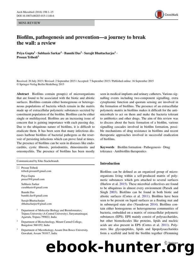 Biofilm, pathogenesis and preventionâa journey to break the wall: a review by Priya Gupta & Subhasis Sarkar & Bannhi Das & Surajit Bhattacharjee & Prosun Tribedi