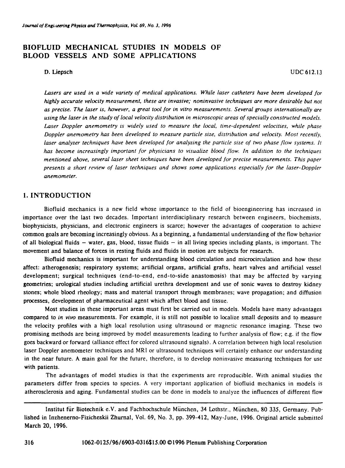 Biofluid mechanical studies in models of blood vessels and some applications by Unknown