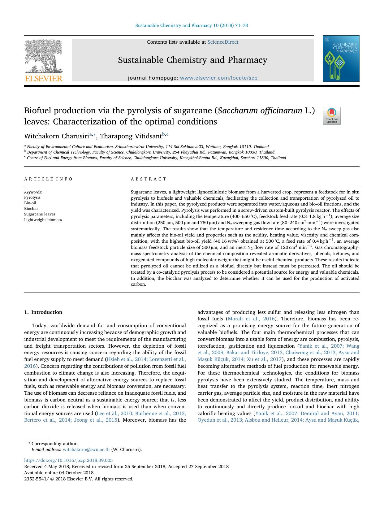 Biofuel production via the pyrolysis of sugarcane (Saccharum officinarum L.) leaves_ Characterization of the optimal conditions by Witchakorn Charusiri & Tharapong Vitidsant