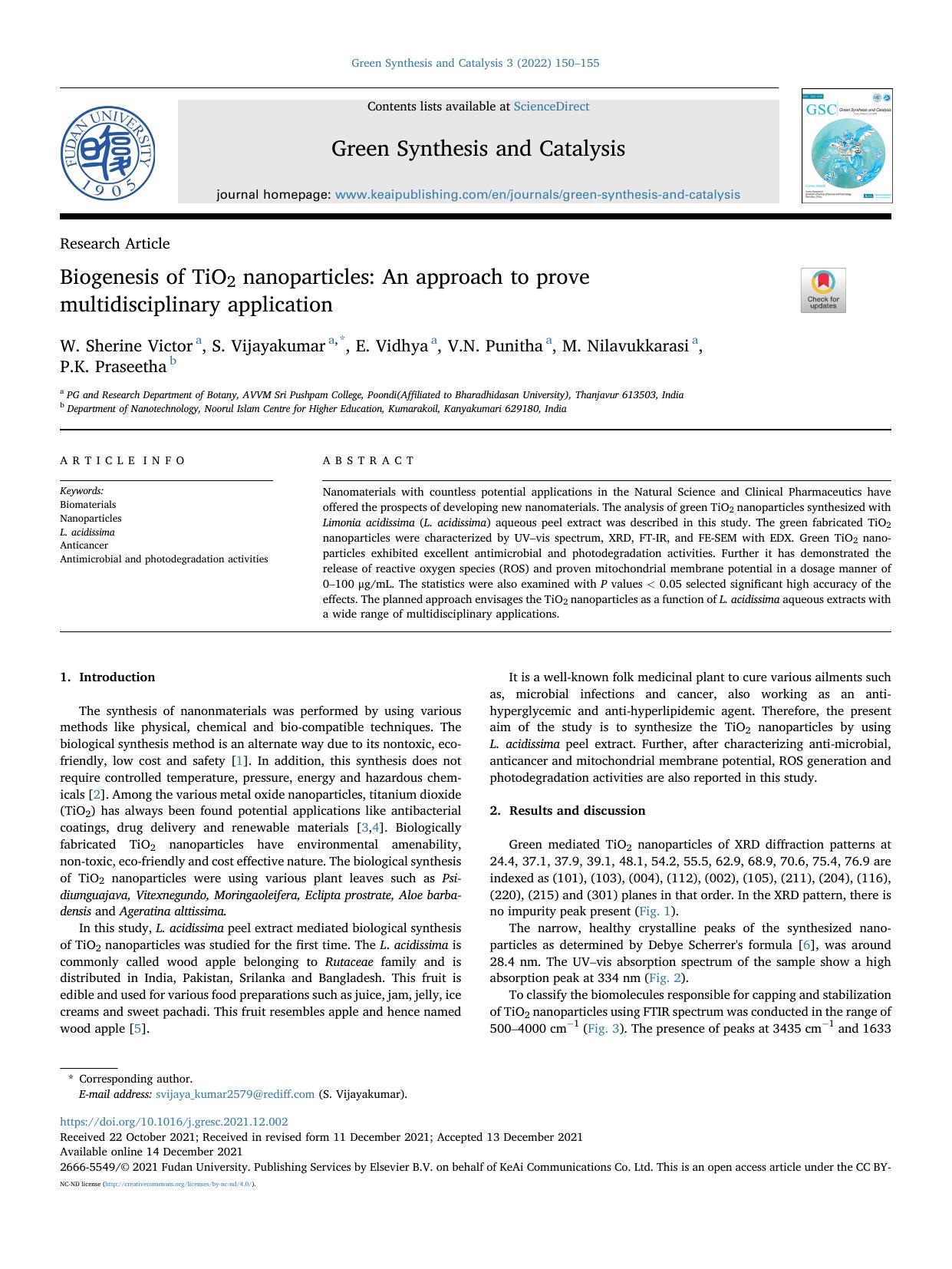 Biogenesis of TiO2 nanoparticles: An approach to prove multidisciplinary application by W. Sherine Victor & S. Vijayakumar & E. Vidhya & V.N. Punitha & M. Nilavukkarasi & P.K. Praseetha