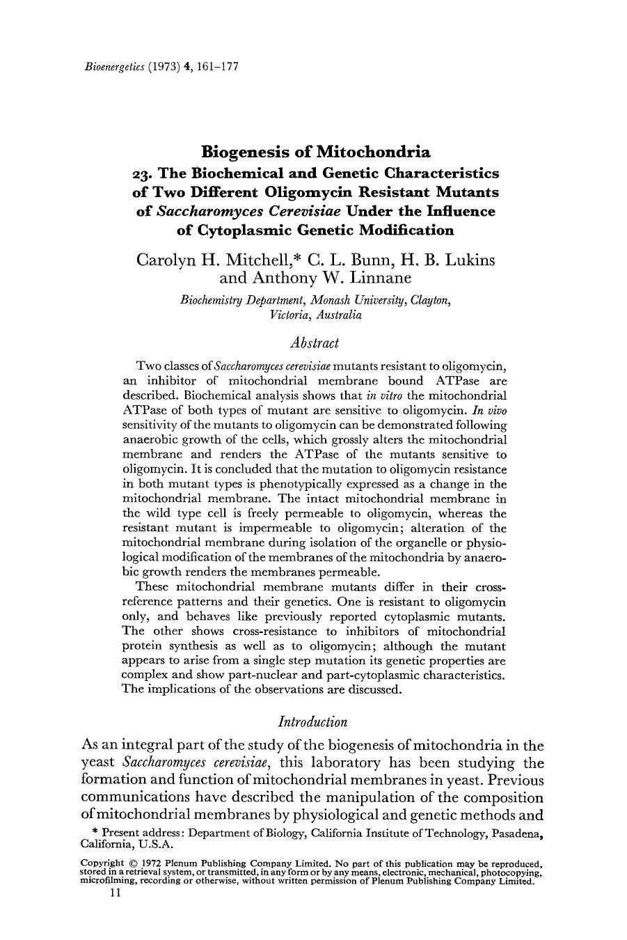 Biogenesis of mitochondria 23. The biochemical and genetic characteristics of two different oligomycin resistant mutants of <Emphasis Type="Italic">Saccharomyces cerevisiae <Emphas by Unknown