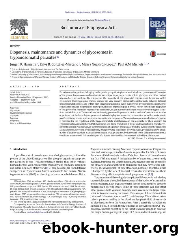 Biogenesis, maintenance and dynamics of glycosomes in trypanosomatid parasites by Jurgen R. Haanstra & Eglys B. González-Marcano & Melisa Gualdrón-López & Paul A.M. Michels