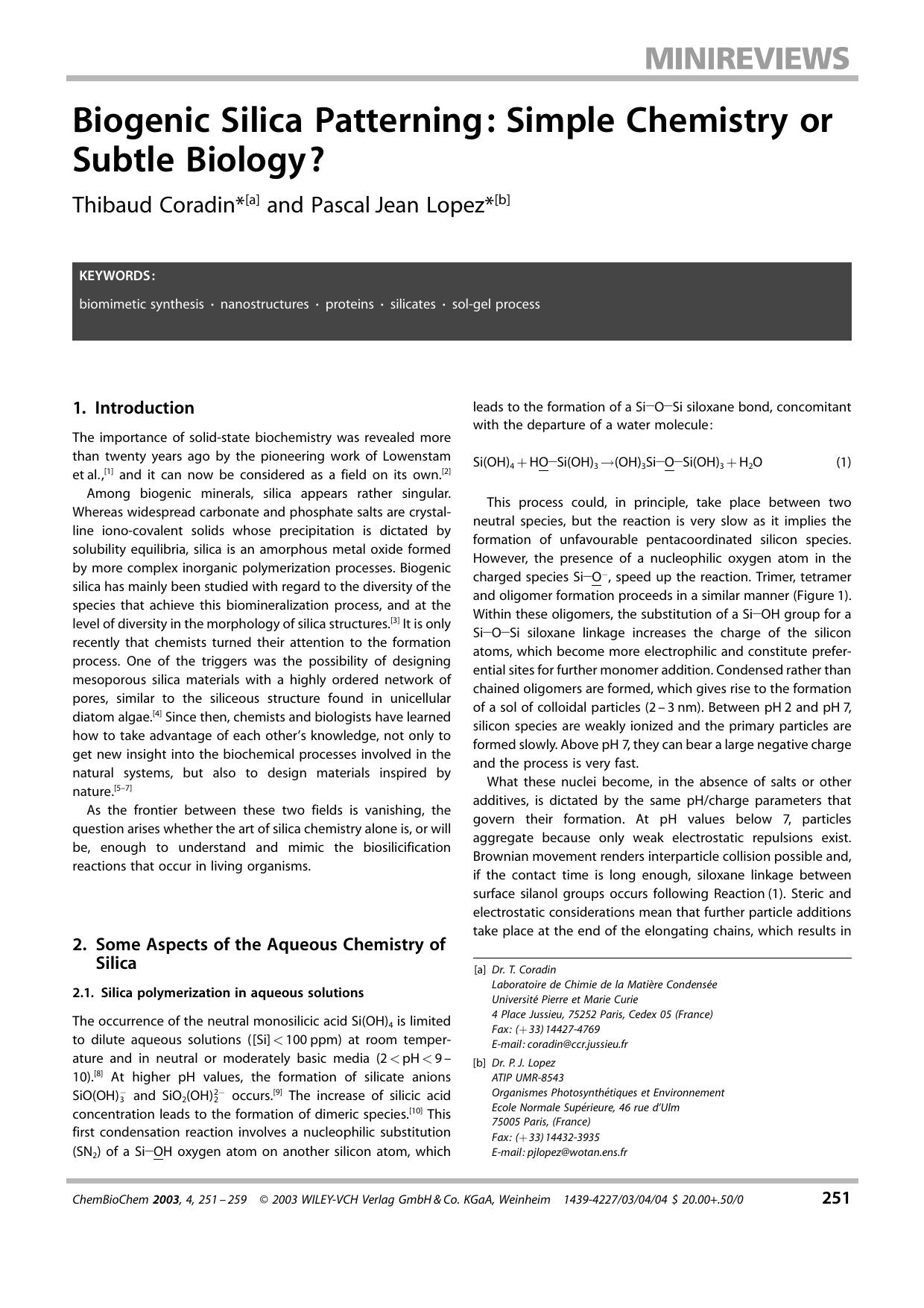 Biogenic Silica Patterning: Simple Chemistry or Subtle Biology? by Unknown
