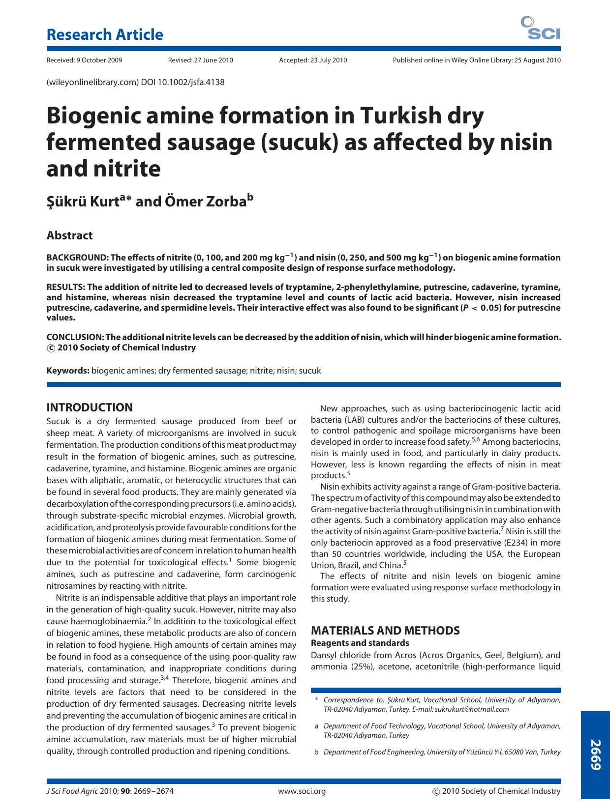 Biogenic amine formation in Turkish dry fermented sausage (sucuk) as affected by nisin and nitrite by Unknown