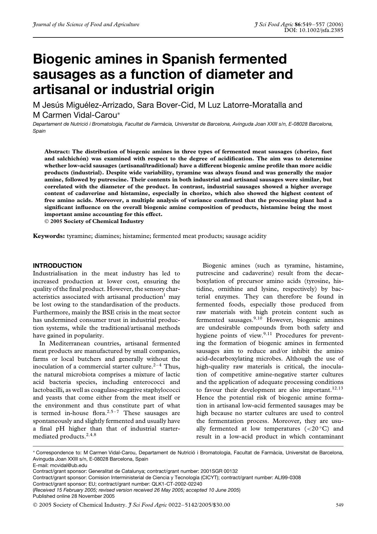 Biogenic amines in Spanish fermented sausages as a function of diameter and artisanal or industrial origin by Unknown