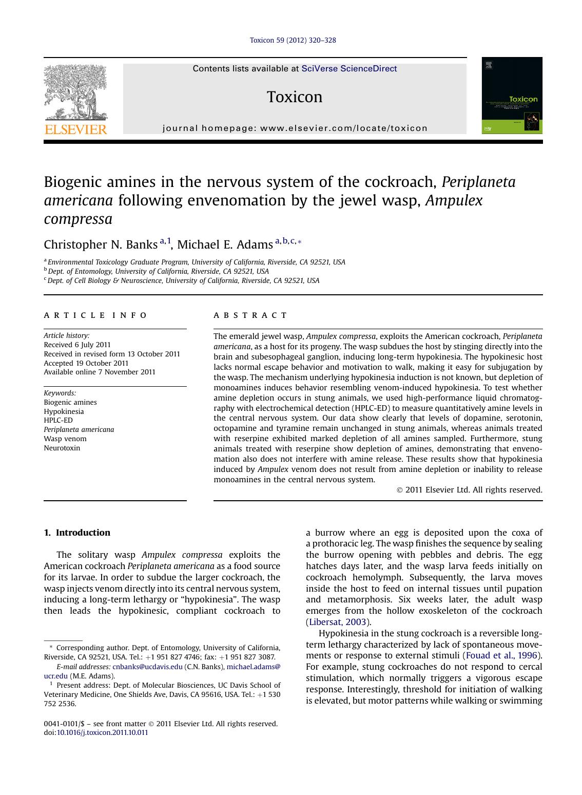 Biogenic amines in the nervous system of the cockroach, Periplaneta americana following envenomation by the jewel wasp, Ampulex compressa by Christopher N. Banks & Michael E. Adams