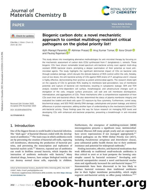 Biogenic carbon dots: a novel mechanistic approach to combat multidrug-resistant critical pathogens on the global priority list by Ajith Manayil Parambil & Abhinav Prasad & Anuj Kumar Tomar & Ilora Ghosh & Paulraj Rajamani