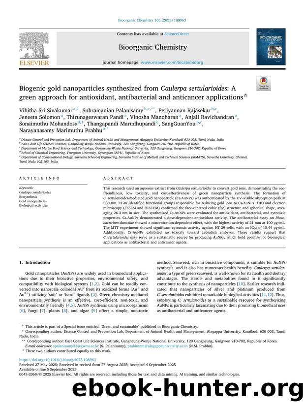 Biogenic gold nanoparticles synthesized from Caulerpa sertularioides : A green approach for antioxidant, antibacterial and anticancer applications by unknow