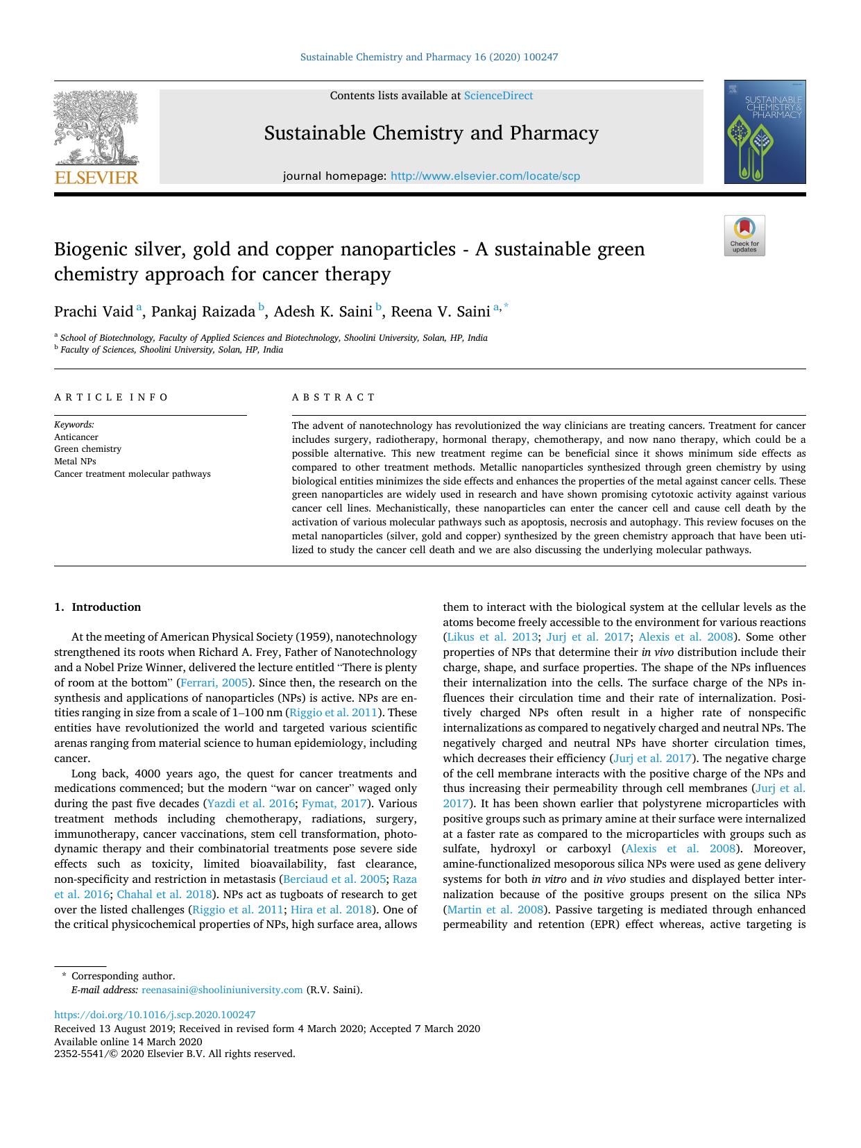 Biogenic silver, gold and copper nanoparticles - A sustainable green chemistry approach for cancer therapy by Prachi Vaid & Pankaj Raizada & Adesh K. Saini & Reena V. Saini
