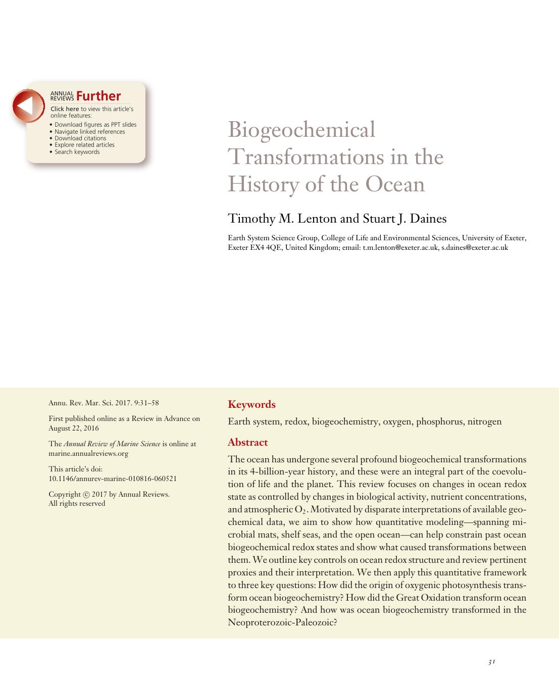 Biogeochemical Transformations in the History of the Ocean by Timothy M. Lenton and Stuart J. Daines