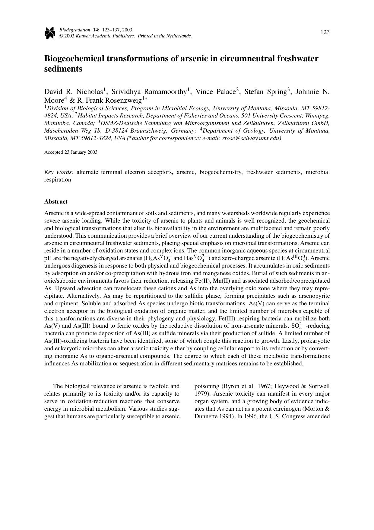 Biogeochemical transformations of arsenic in circumneutral freshwater sediments by Unknown
