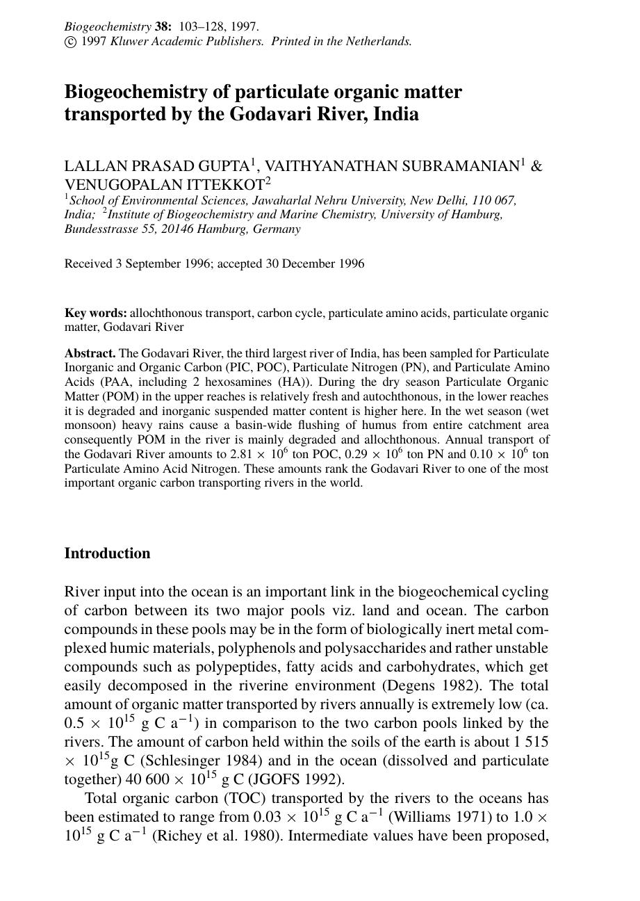 Biogeochemistry of particulate organic matter transported by the Godavari River, India by Unknown