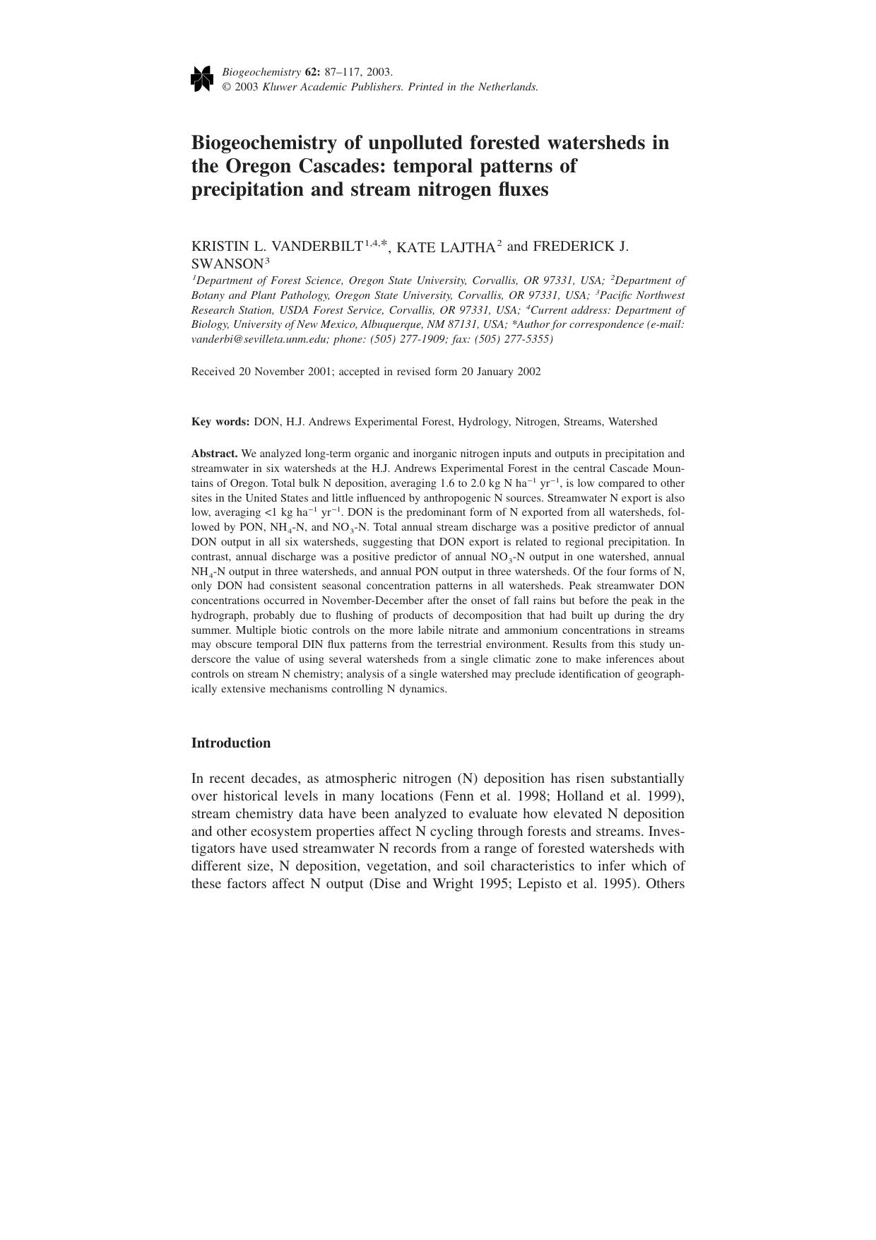 Biogeochemistry of unpolluted forested watersheds in the Oregon Cascades: temporal patterns of precipitation and stream nitrogen fluxes by Unknown