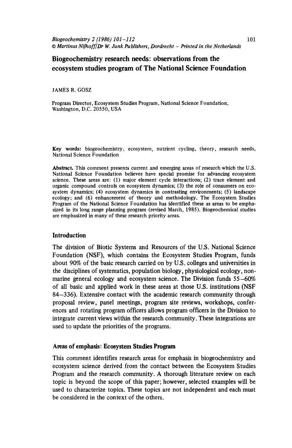 Biogeochemistry research needs: observations from the ecosystem studies program of The National Science Foundation by Unknown