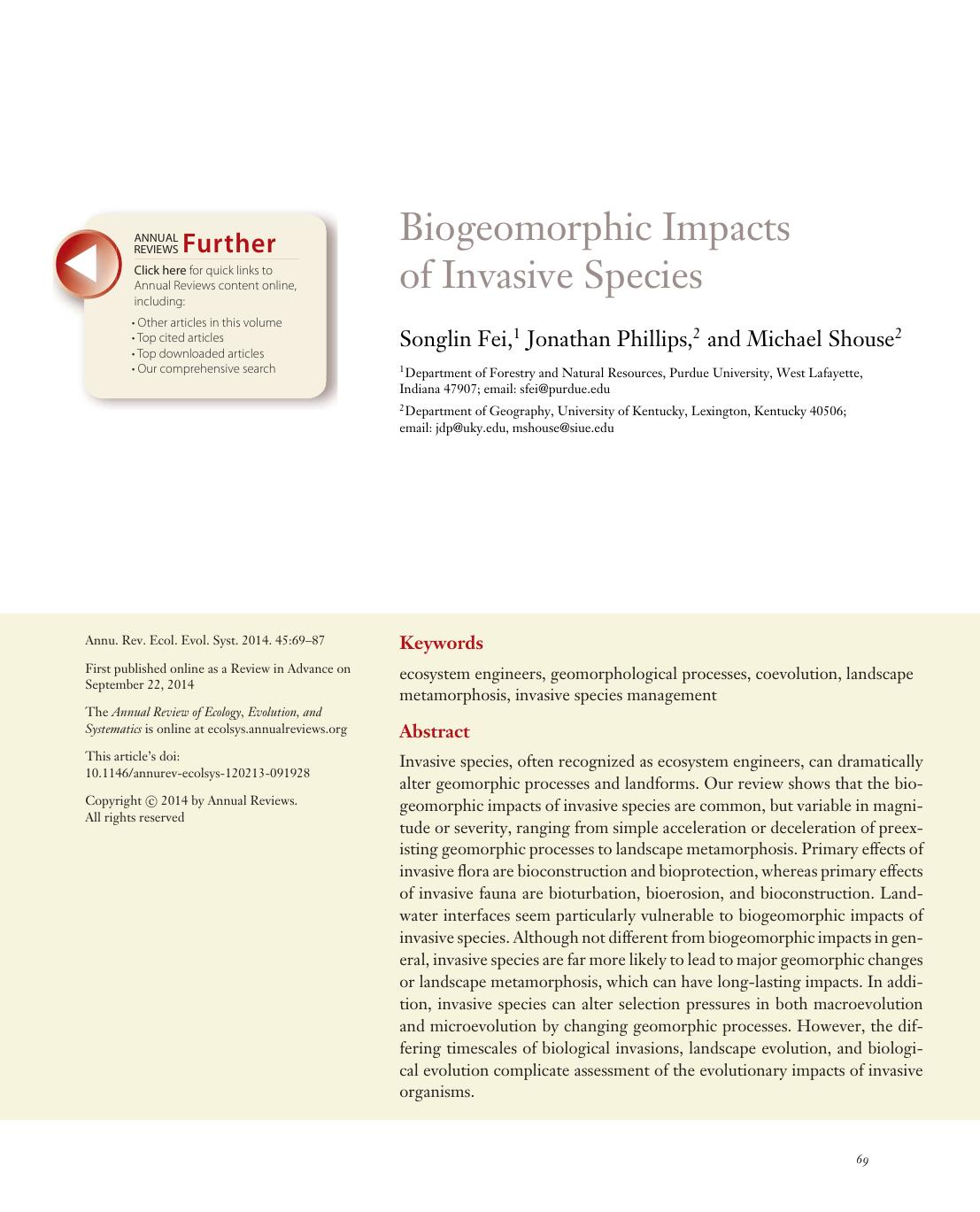 Biogeomorphic Impacts of Invasive Species by Songlin Fei Jonathan Phillips Michael Shouse
