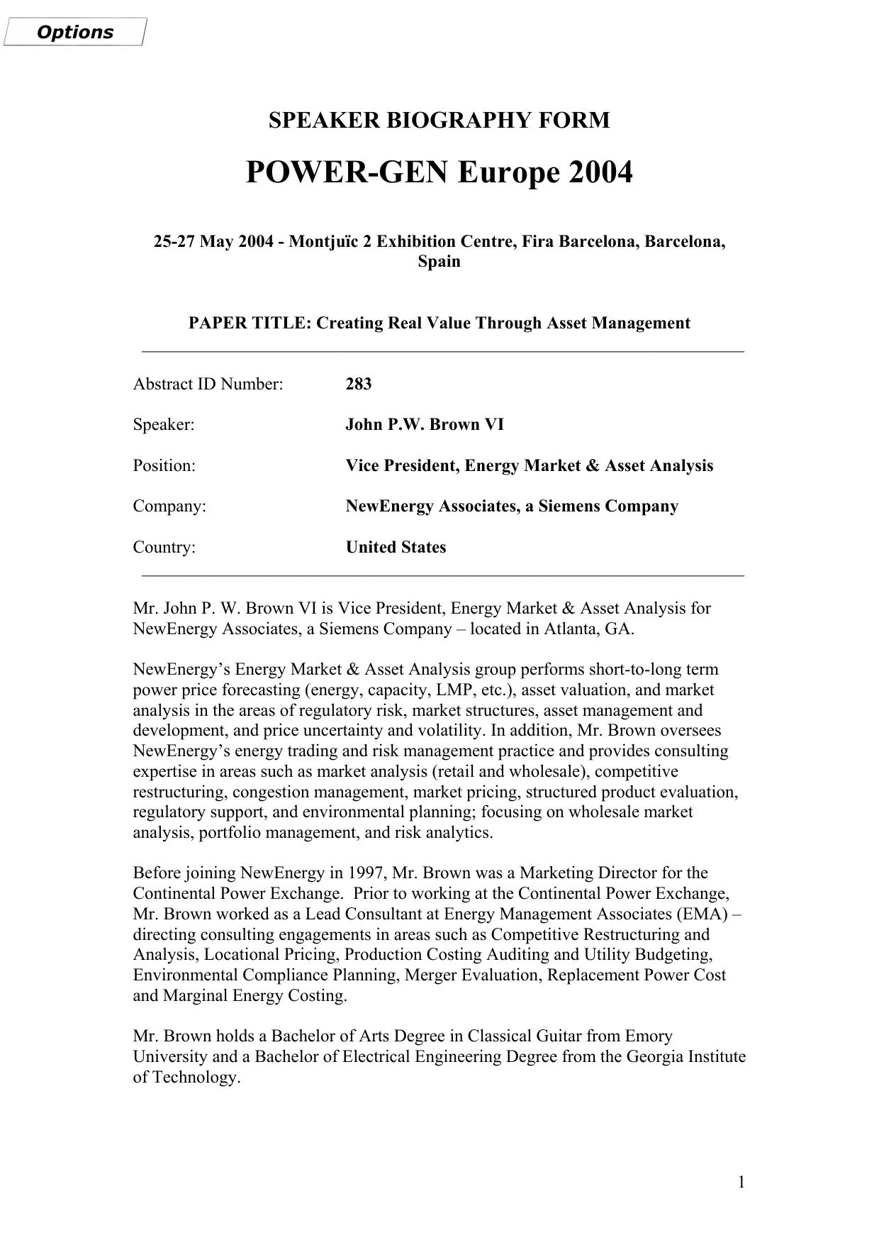 Biography - John P.W. Brown VI by Secure Data Services (01425 621262)