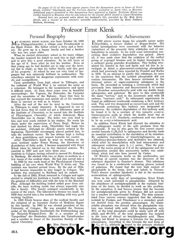 Biography of Ernst Klenk scientific achievements by Unknown