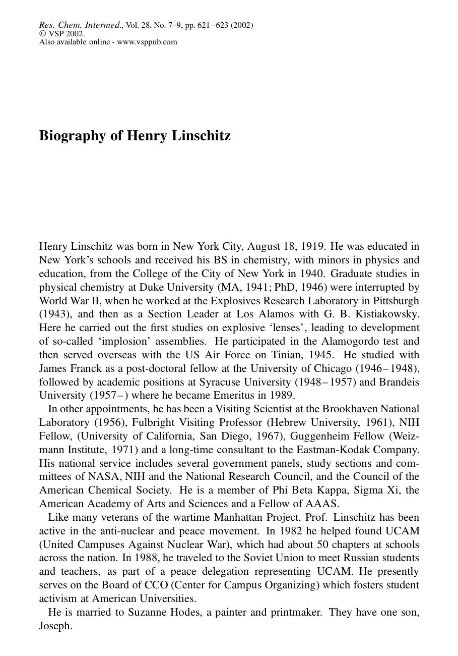 Biography of Henry Linschitz by Unknown