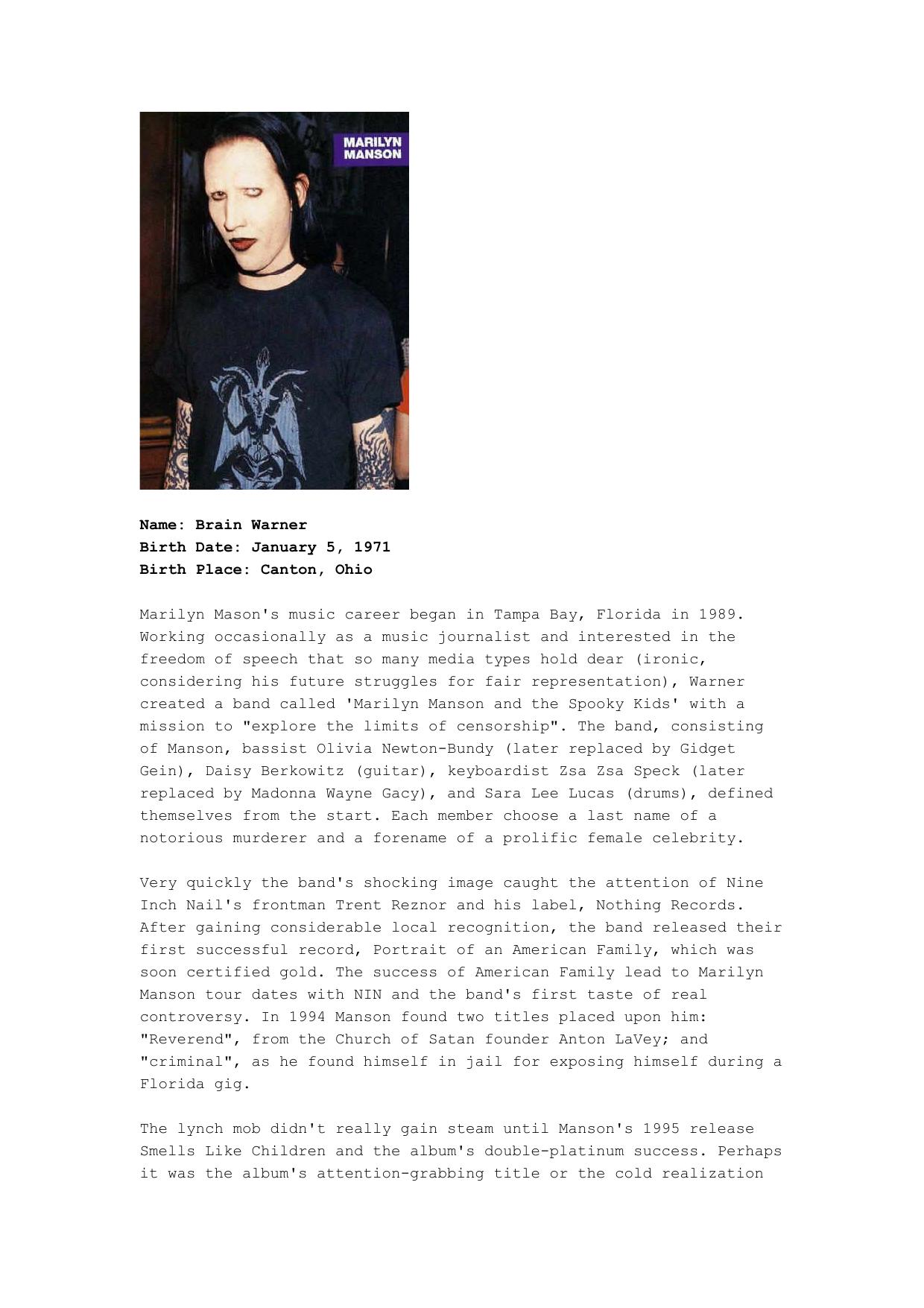 Biography of Marilyn Manson by High priest Horn Dopespade