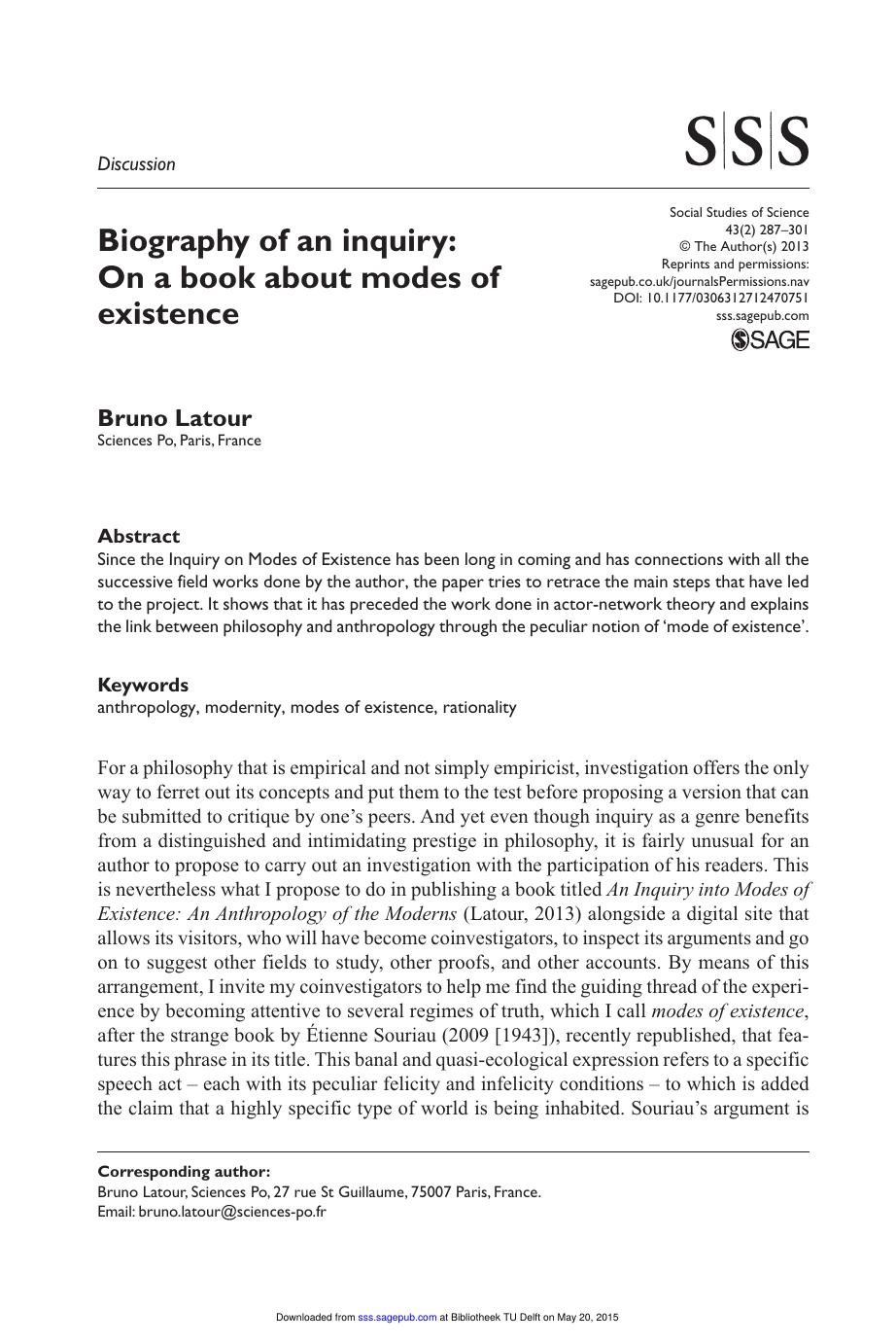 Biography of an Inquiry Or a Book About Modes of Existence (2013) by Unknown