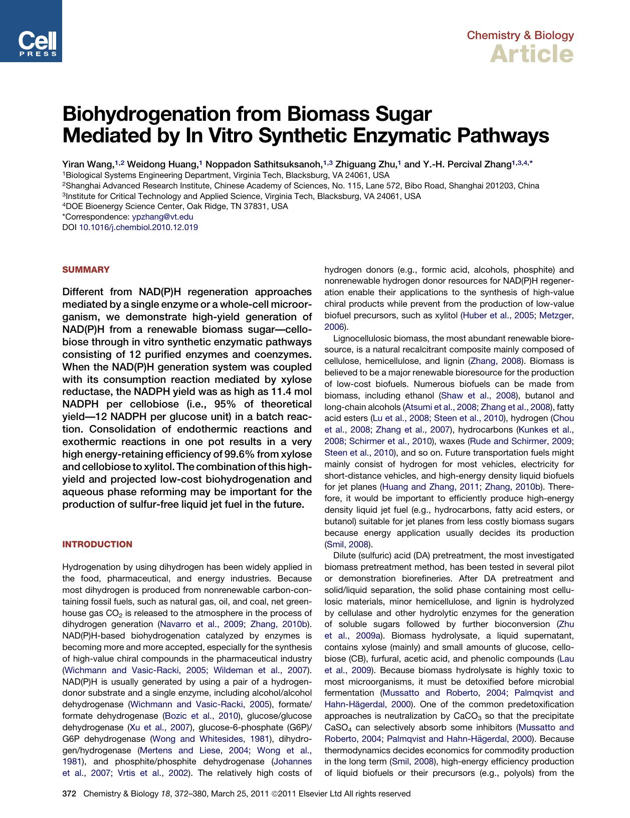 Biohydrogenation from Biomass Sugar Mediated by In&nbsp;Vitro Synthetic Enzymatic Pathways by Yiran Wang & Weidong Huang & Noppadon Sathitsuksanoh & Zhiguang Zhu & Y.-H. Percival Zhang