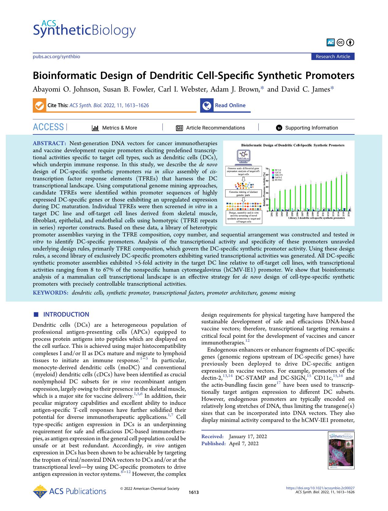 Bioinformatic Design of Dendritic Cell-Specific Synthetic Promoters by Abayomi O. Johnson Susan B. Fowler Carl I. Webster Adam J. Brown and David C. James