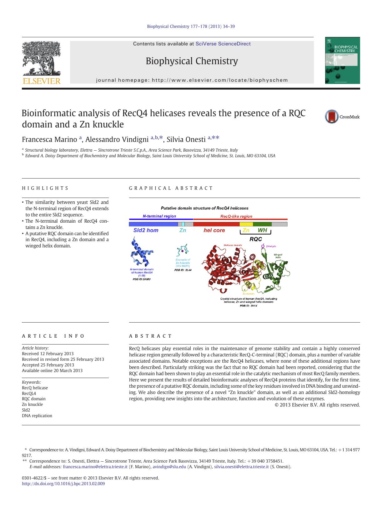 Bioinformatic analysis of RecQ4 helicases reveals the presence of a RQC domain and a Zn knuckle by Francesca Marino & Alessandro Vindigni & Silvia Onesti