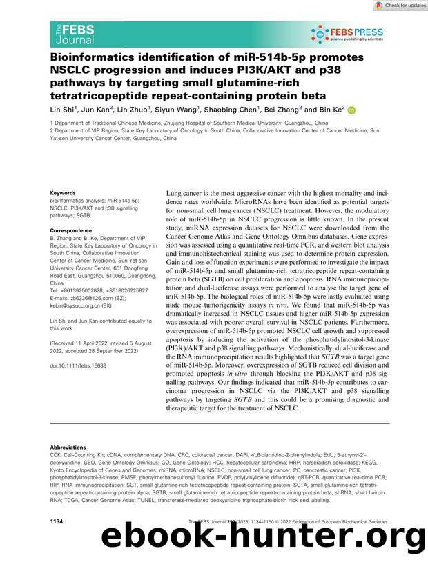 Bioinformatics identification of miRâ514bâ5p promotes NSCLC progression and induces PI3KAKT and p38 pathways by targeting small glutamineârich tetratricopeptide repeatâcontaining protein beta by Unknown