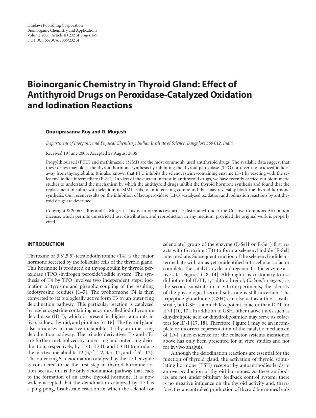 Bioinorganic Chemistry in Thyroid Gland: Effect of Antithyroid Drugs on Peroxidase-Catalyzed Oxidation and Iodination Reactions by G. Roy and G. Mugesh