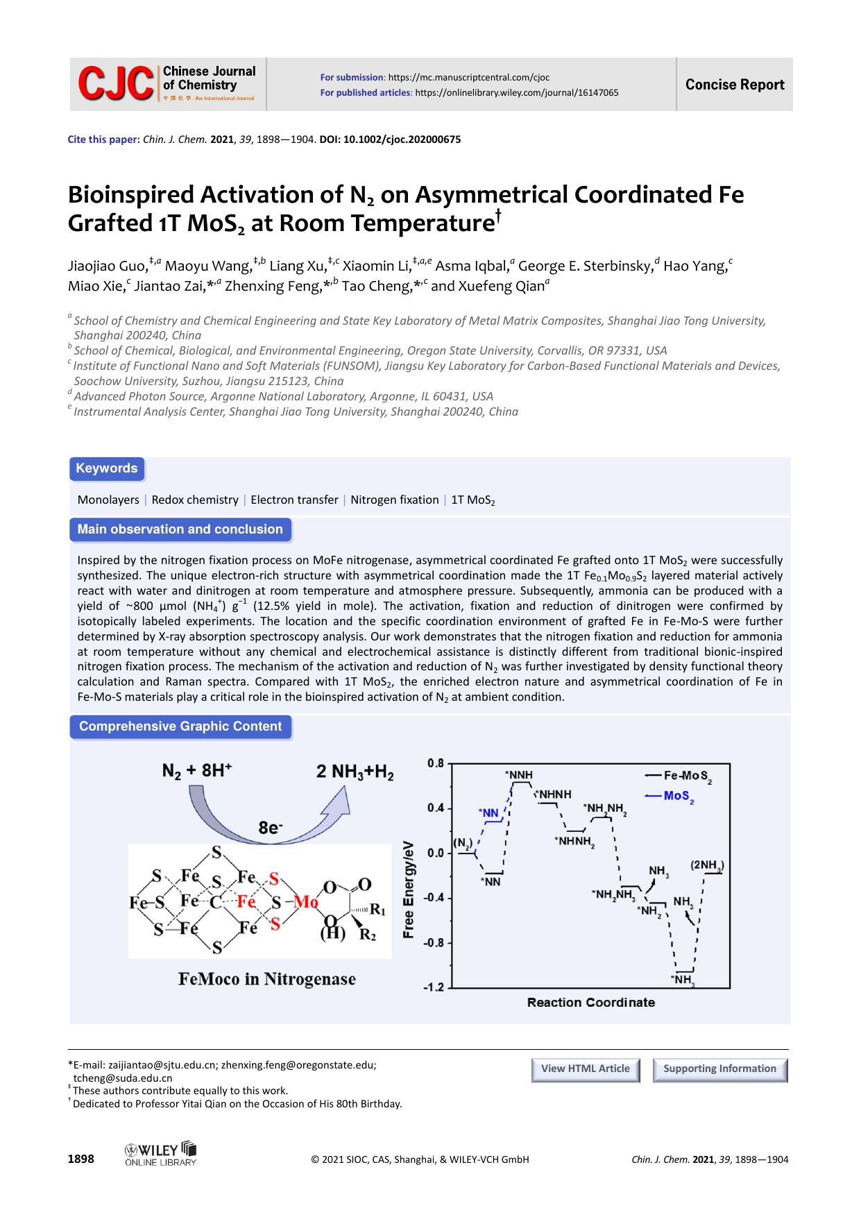 Bioinspired Activation of N2 on Asymmetrical Coordinated Fe grafted 1T MoS2 at Room Temperature by 王锐玲