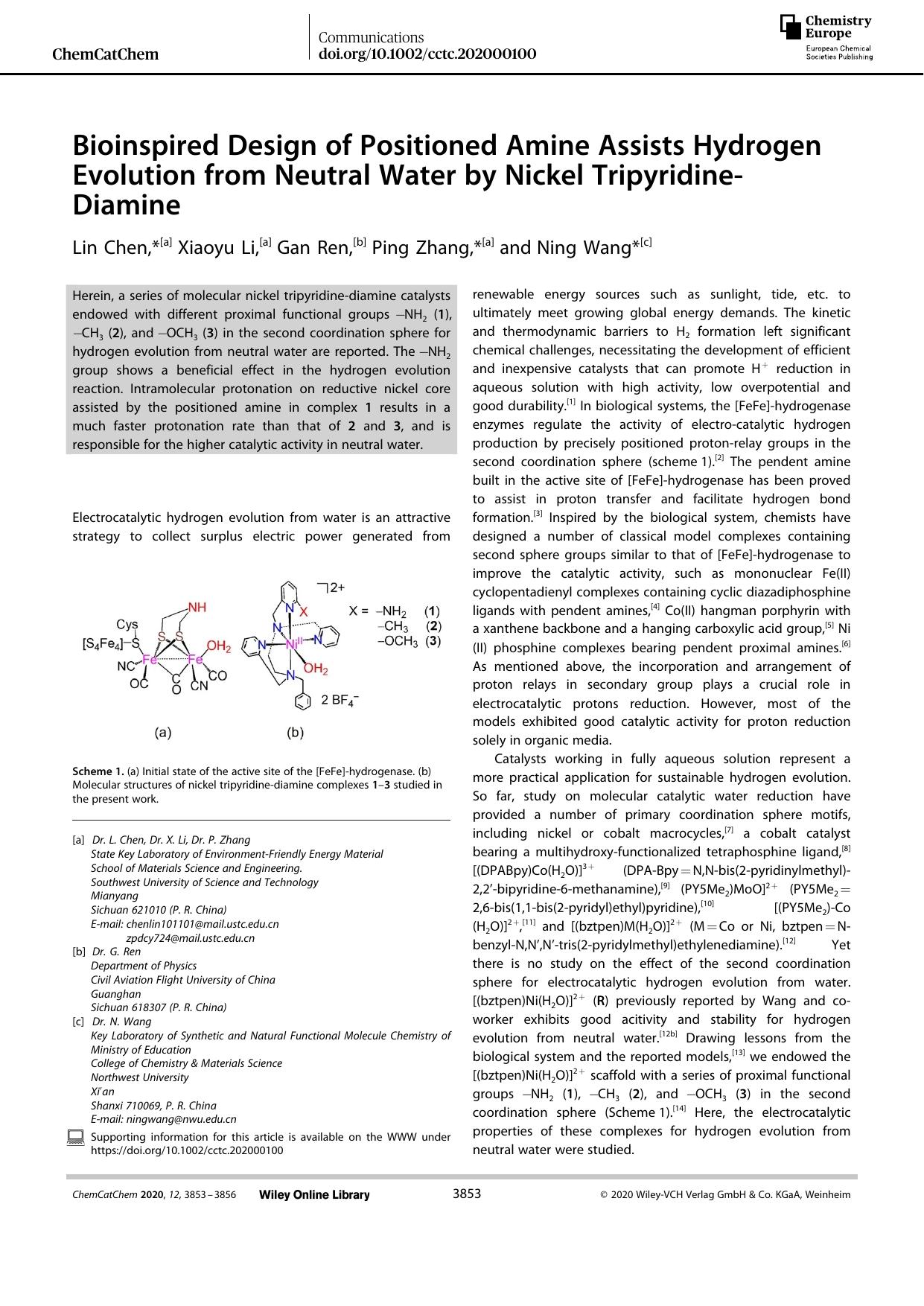 Bioinspired Design of Positioned Amine Assists Hydrogen Evolution from Neutral Water by Nickel TripyridineâDiamine by Unknown
