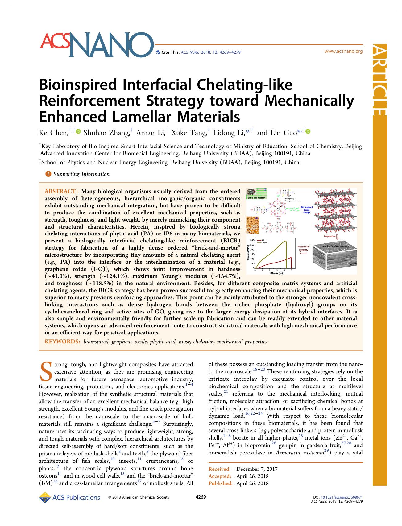 Bioinspired Interfacial Chelating-like Reinforcement Strategy toward Mechanically Enhanced Lamellar Materials by Ke Chen Shuhao Zhang Anran Li Xuke Tang Lidong Li and Lin Guo
