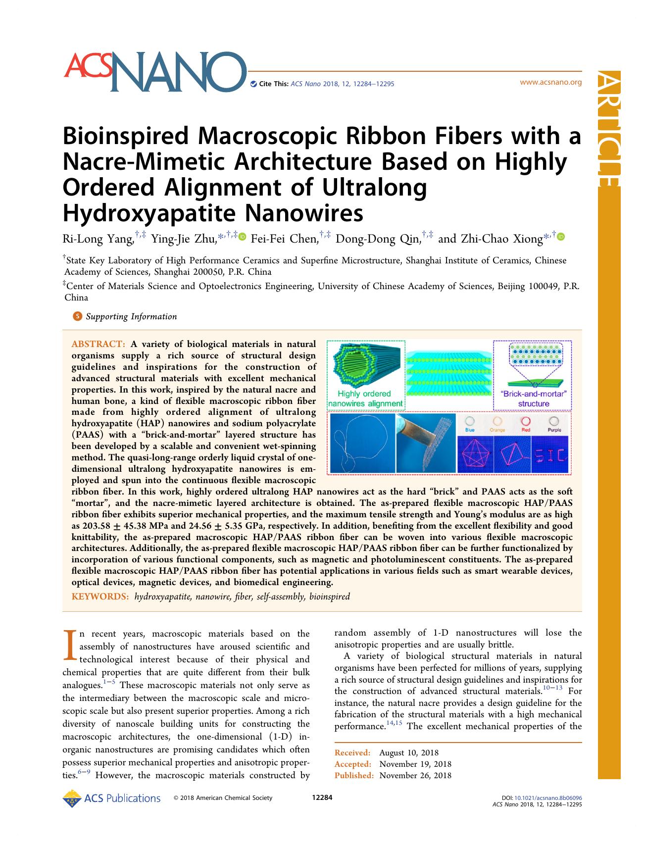 Bioinspired Macroscopic Ribbon Fibers with a Nacre-Mimetic Architecture Based on Highly Ordered Alignment of Ultralong Hydroxyapatite Nanowires by Ri-Long Yang Ying-Jie Zhu Fei-Fei Chen Dong-Dong Qin and Zhi-Chao Xiong
