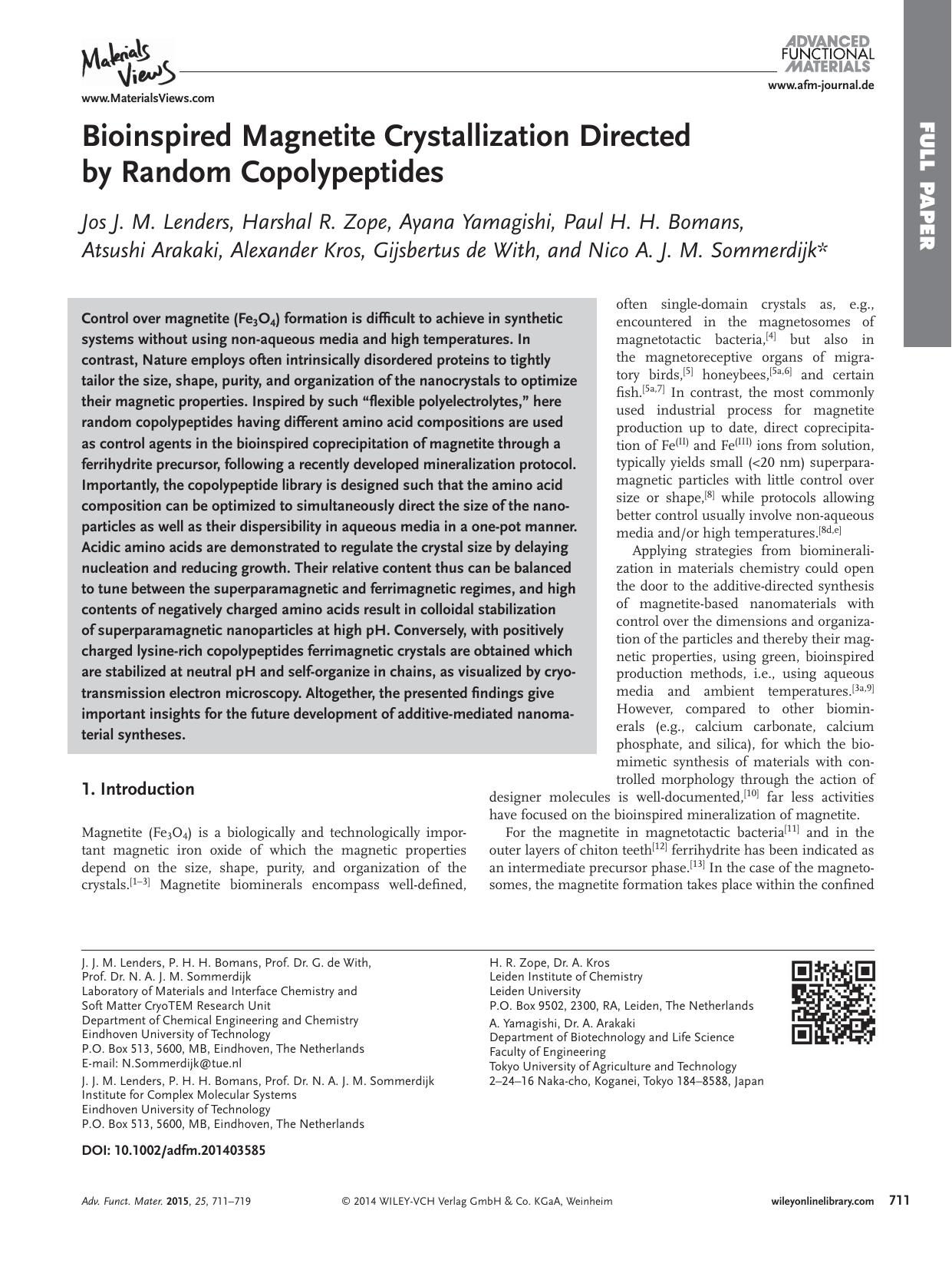 Bioinspired Magnetite Crystallization Directed by Random Copolypeptides by Unknown