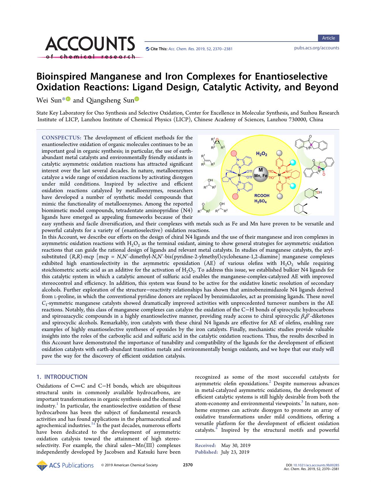 Bioinspired Manganese and Iron Complexes for Enantioselective Oxidation Reactions: Ligand Design, Catalytic Activity, and Beyond by Wei Sun; Qiangsheng Sun & Qiangsheng Sun