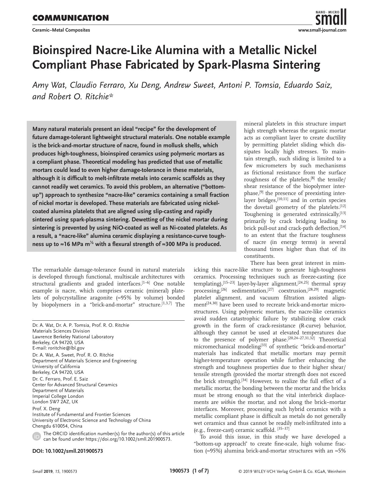 Bioinspired Nacre‐Like Alumina with a Metallic Nickel Compliant Phase Fabricated by Spark‐Plasma Sintering by Unknown