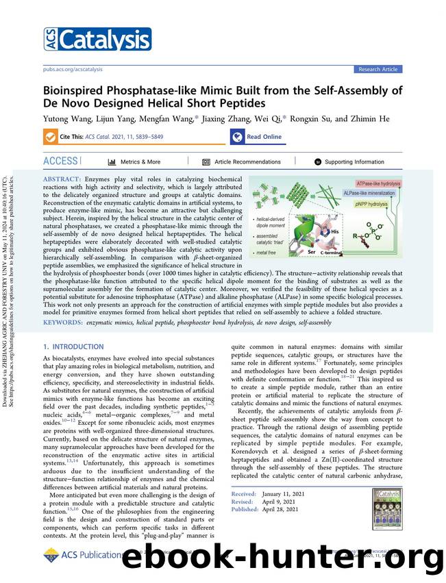 Bioinspired Phosphatase-like Mimic Built from the Self-Assembly of De Novo Designed Helical Short Peptides by Yutong Wang Lijun Yang Mengfan Wang Jiaxing Zhang Wei Qi Rongxin Su & Zhimin He