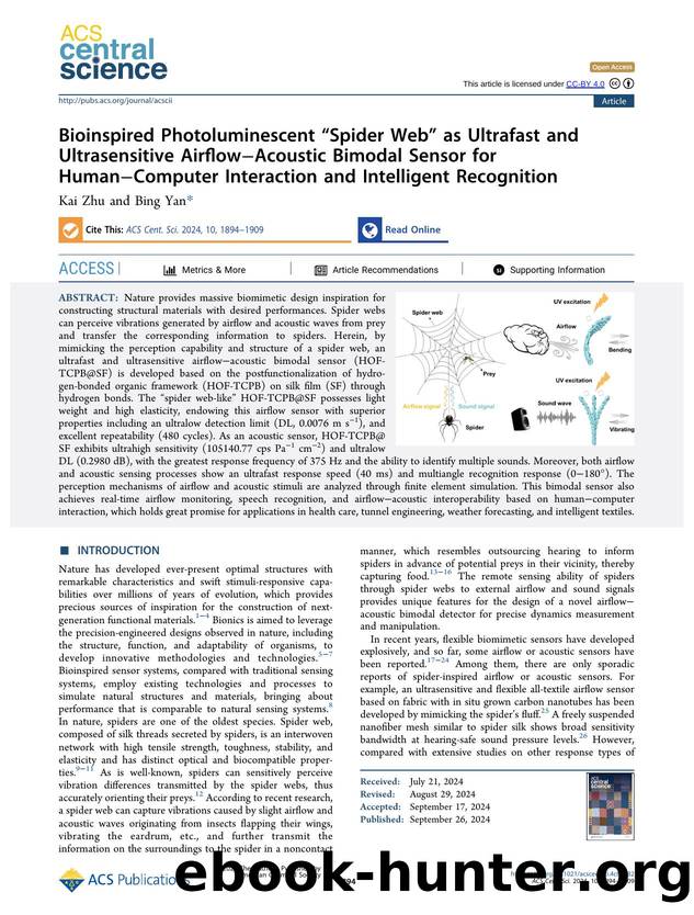 Bioinspired Photoluminescent âSpider Webâ as Ultrafast and Ultrasensitive AirflowâAcoustic Bimodal Sensor for HumanâComputer Interaction and Intelligent Recognition by Kai Zhu & Bing Yan (ORCID: g/0000-0002-0216-9454)