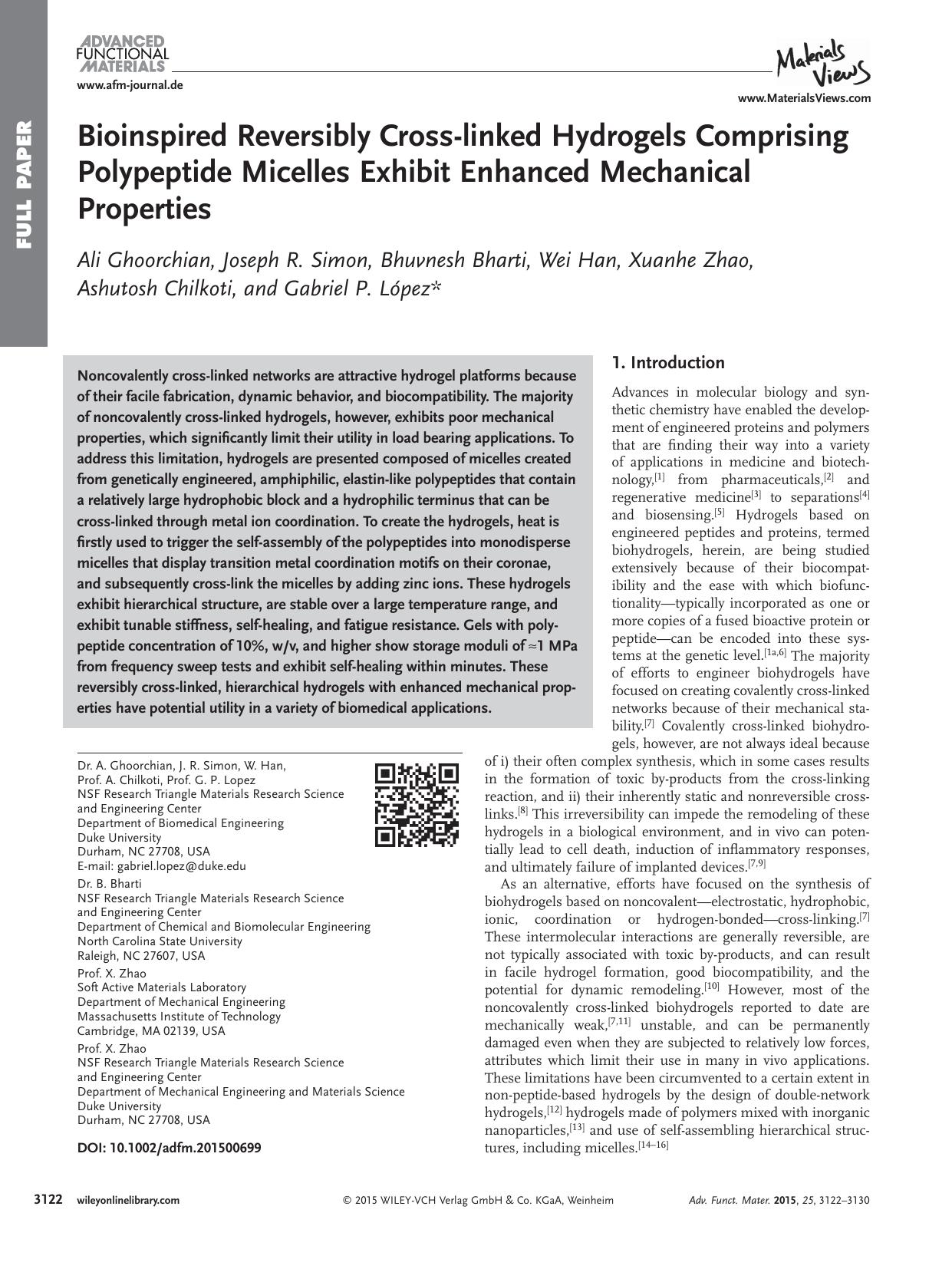 Bioinspired Reversibly Cross‐linked Hydrogels Comprising Polypeptide Micelles Exhibit Enhanced Mechanical Properties by Unknown